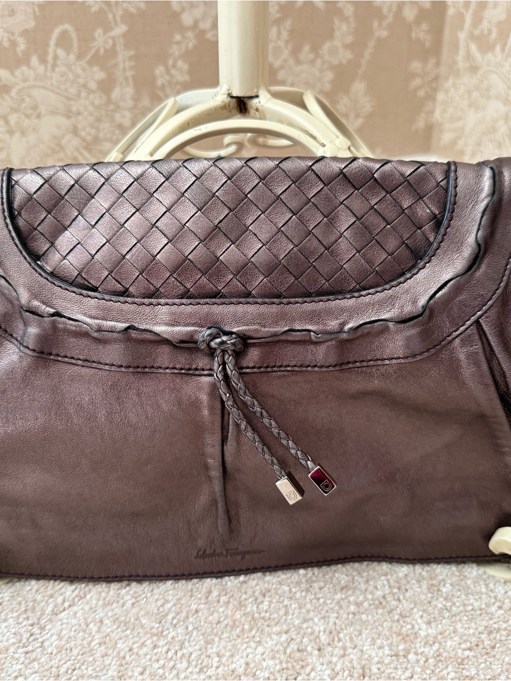 Salvatore Ferragamo bronze metallic Woven Flap Leather clutch